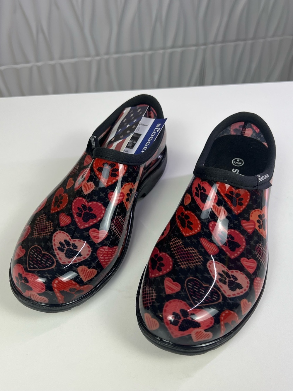 Sloggers Red & Black Heart Paw Print  Waterproof Slip On Shoes - Brand New